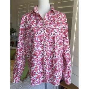 Lands End 16 No Iron Supima‎ Floral Watercolor Button Up Shirt Pink Long Sleeve